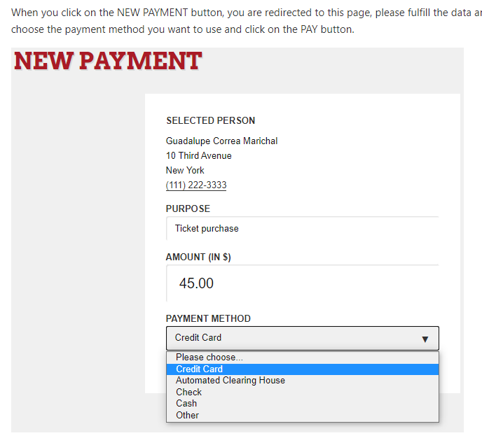 The payment page from a member's profile